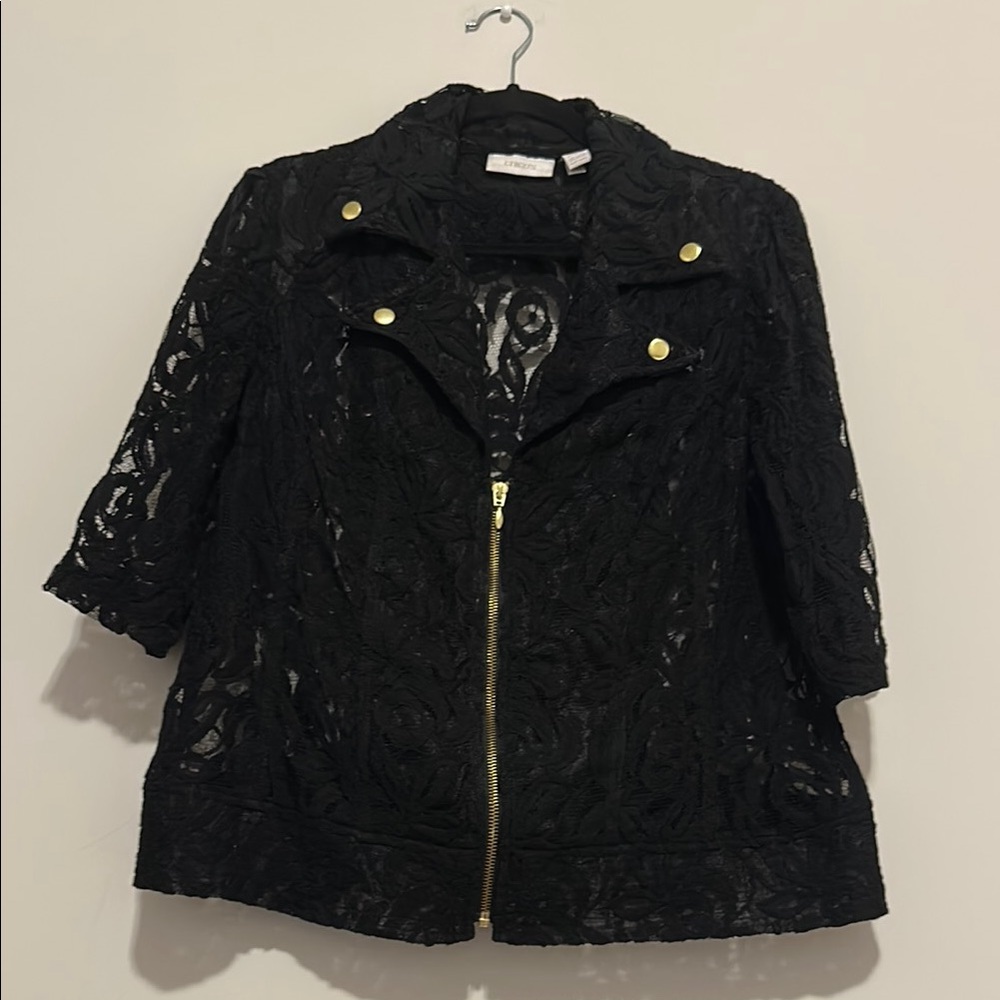 Chico's size 2 woman Black Lace Blazer with Gold Zipper